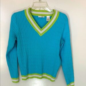 Liz Golf Cable V-Neck Sweater, Turquoise blue with Lime & White Accents, size M